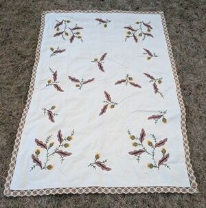 64x90 Rectangular Embroidered Neutral Woven Crochet Trim Vintage Tablecloth